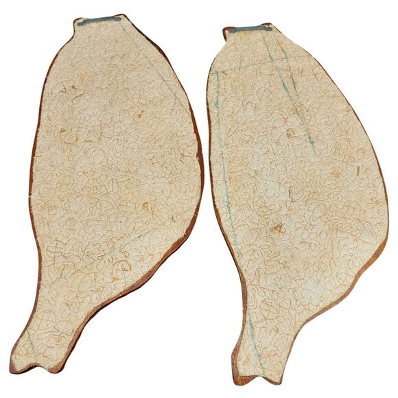 Vintage Hand Carved Wood Wall Panels Pair Leaf Shaped Asian Inspired Wall Art - Picture 2 of 7